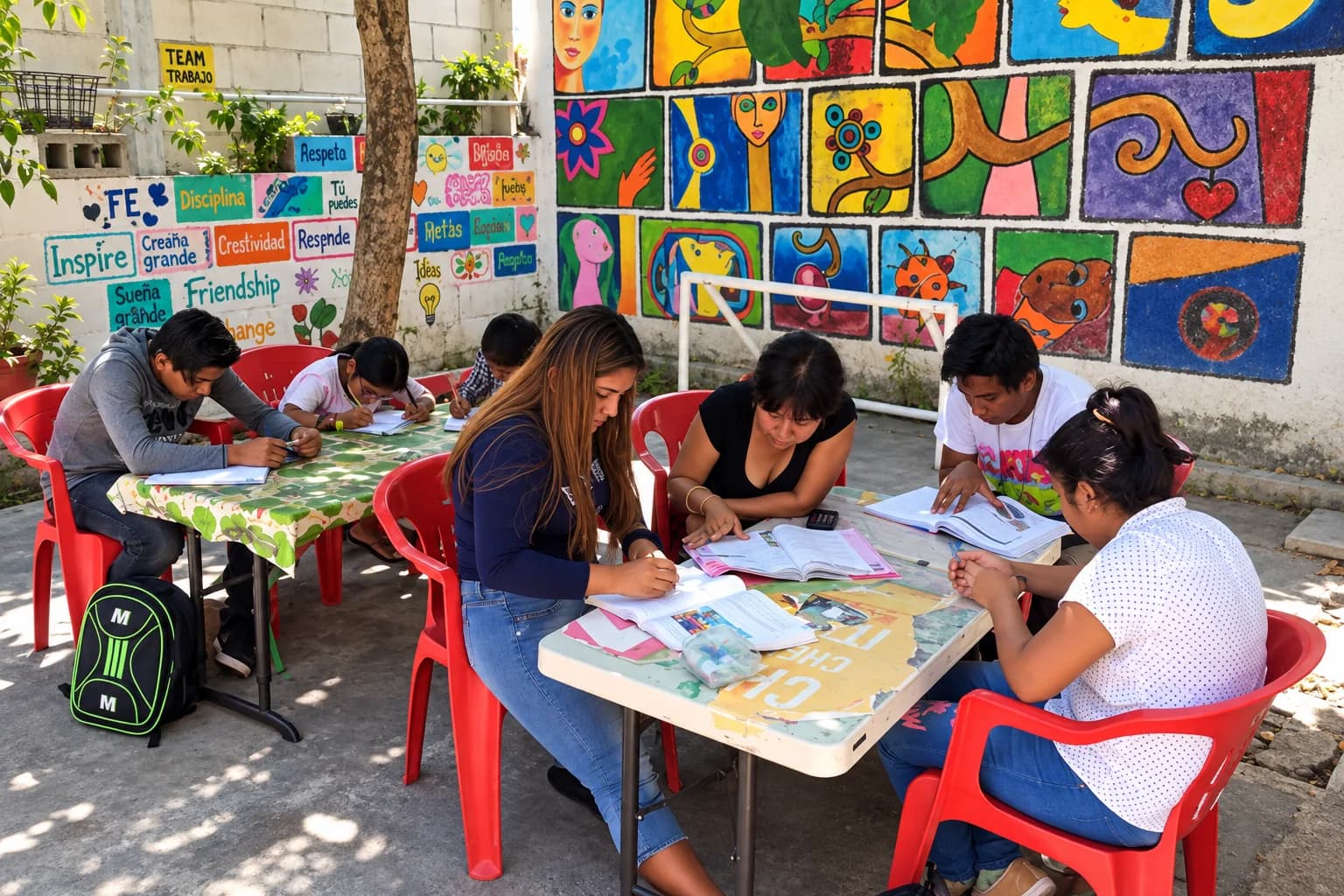 Jóvenes y personas adultas resuelven sus cuadernillos del INEA en las mesas del patio, frente al mural.